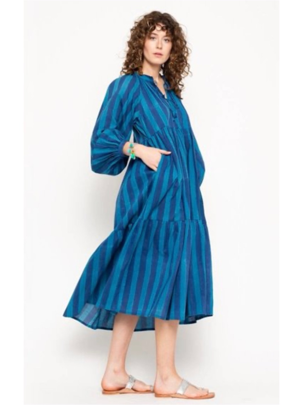 Matta NY Jaya Riviera Dress Size XL Blue Striped Cotton Midi Long Sleeve Pockets
